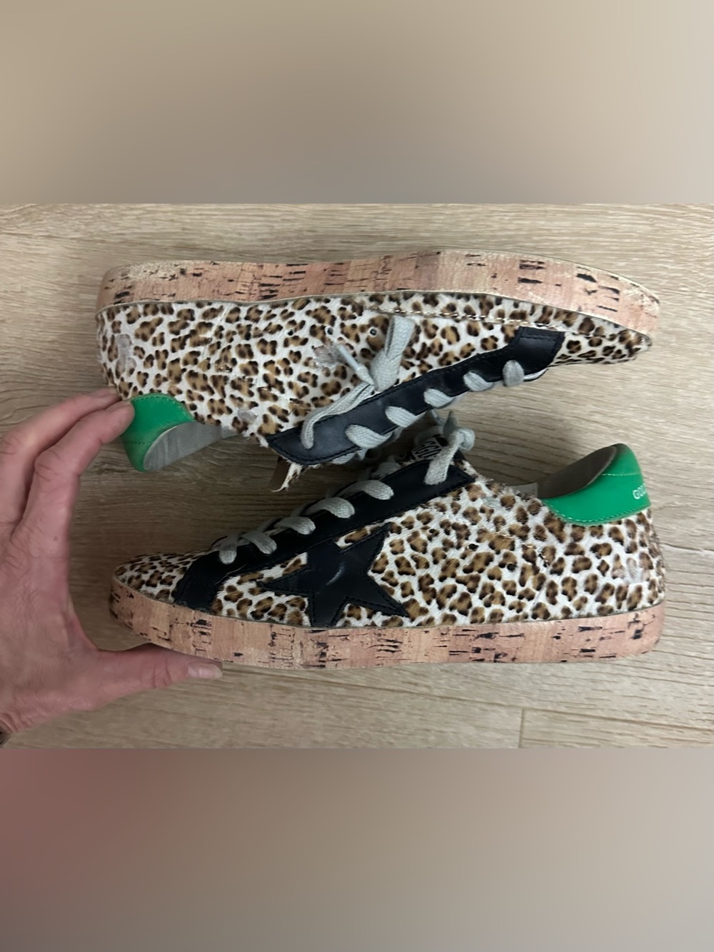 Golden Goose GGDB Super Star Leopard Pony Hair Sneakers Green Heel Tab EU 37 - Picture 3 of 12